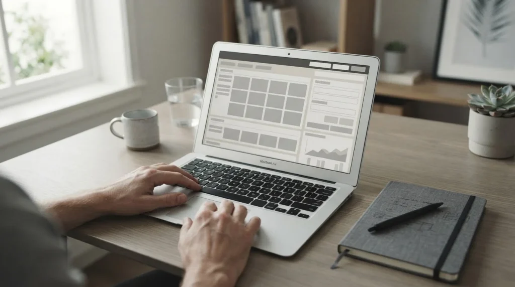 Laptop mit neutraler Wettplattform-Oberfläche auf minimalistischem Schreibtisch