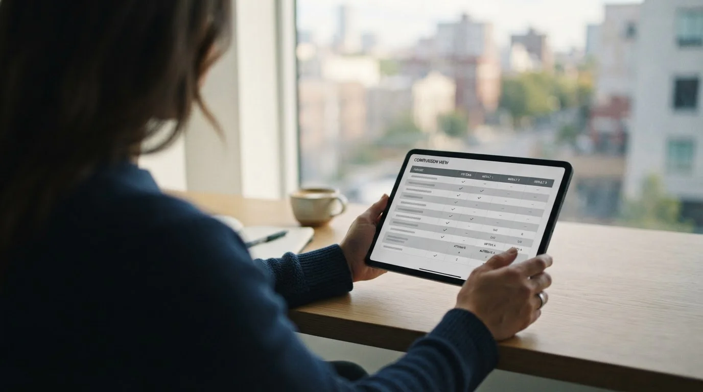 Person analysiert Geschäftsbedingungen verschiedener Wettanbieter auf einem Tablet