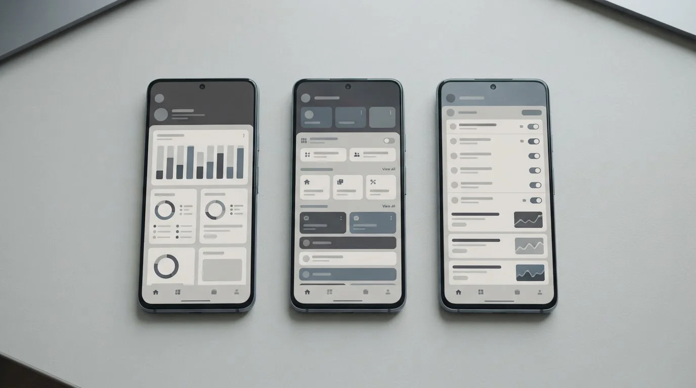 Mehrere Smartphones nebeneinander auf Schreibtisch zeigen verschiedene App-Oberflächen im Vergleich