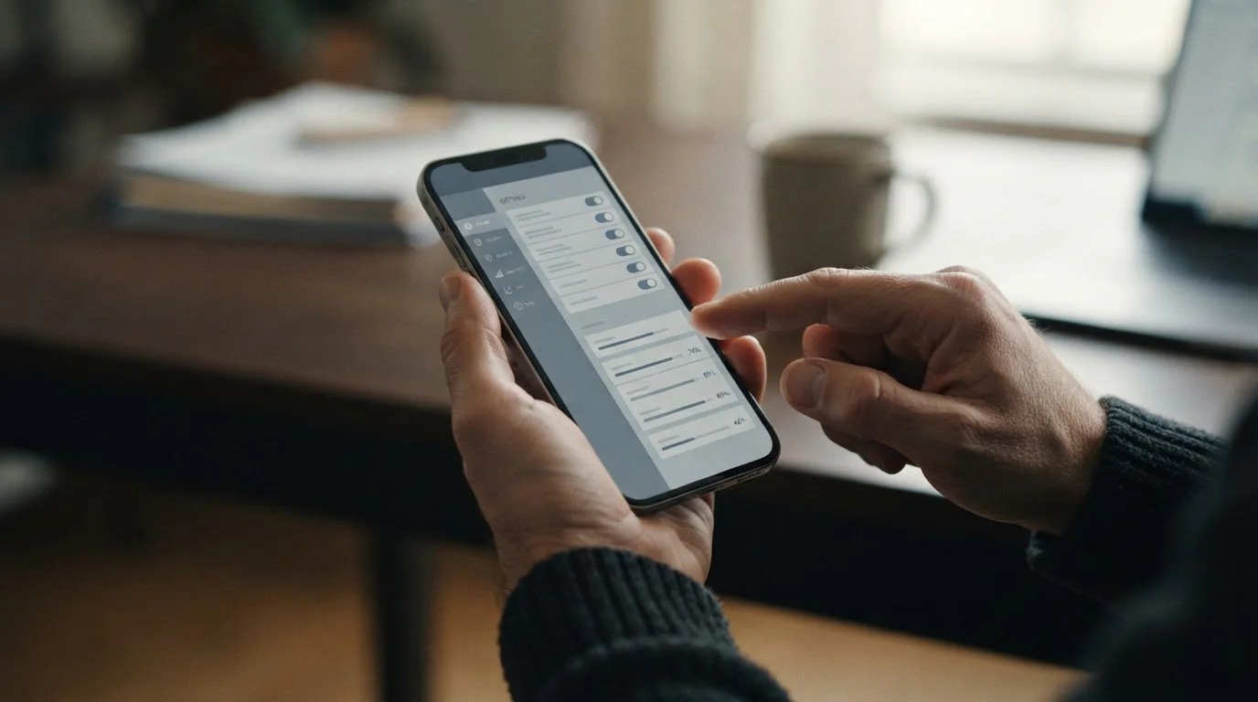 Smartphone-Bildschirm mit Einstellungen und Funktionsoptionen einer Wett-App