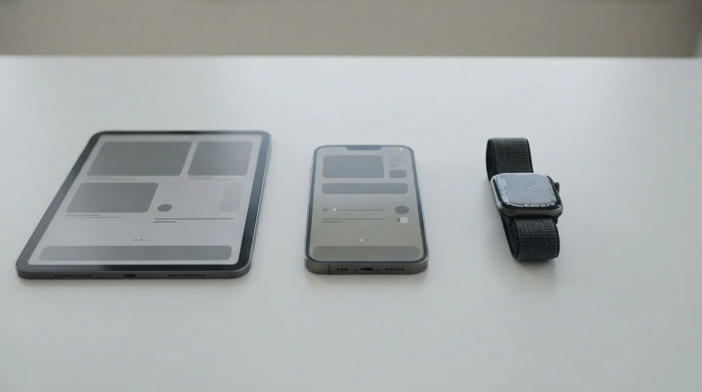 iPhone, iPad und Apple Watch nebeneinander auf hellem Untergrund