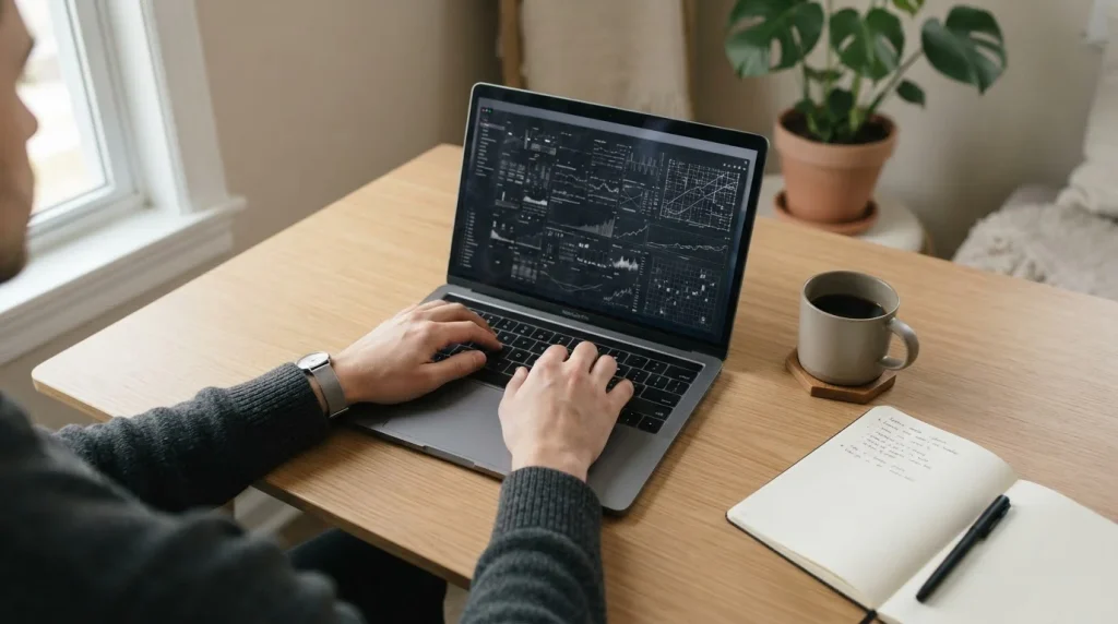 Person analysiert Afrika-Cup-Wettanbieter auf einem Laptop in ruhiger Arbeitsumgebung