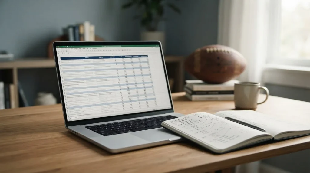 Analytischer Arbeitsplatz mit Laptop und Vergleichstabellen für Nations League Wettanbieter