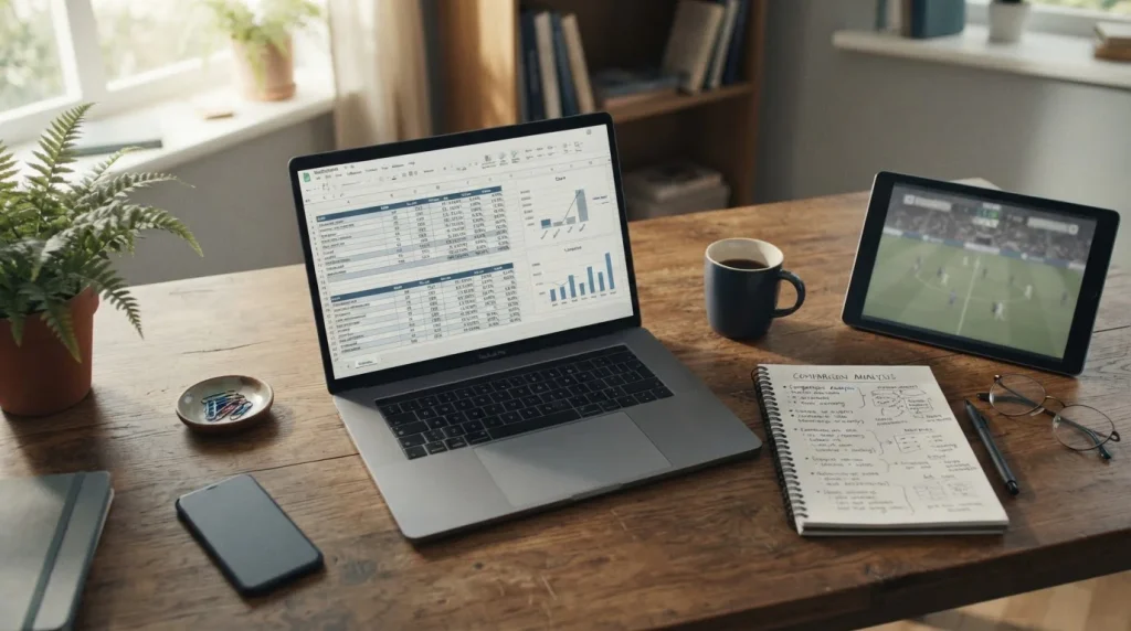 Analytischer Vergleich von Sportwetten-Anbietern am Laptop mit Notizen und neutralen Daten