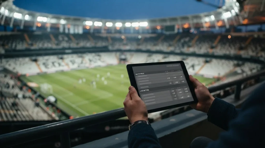 Fußballstadion in der Türkei bei Abenddämmerung mit neutraler Sportwetten-Oberfläche auf Tablet