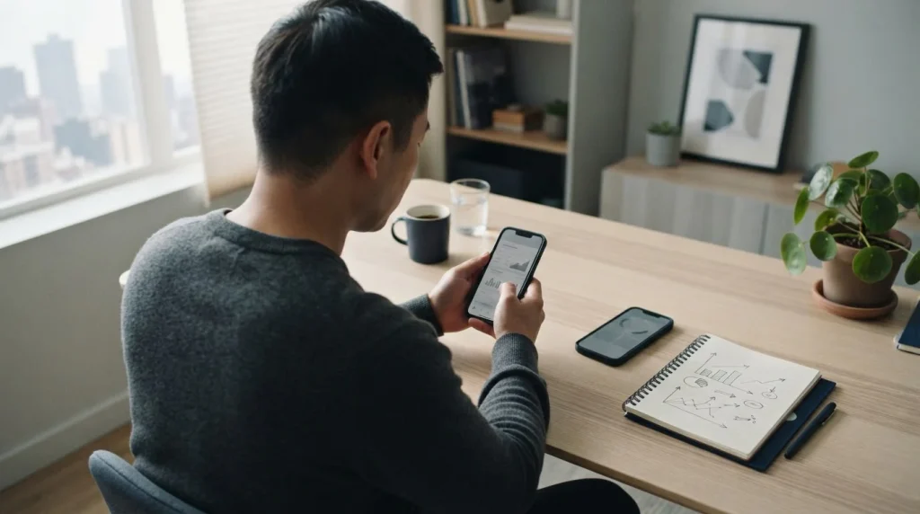 Person analysiert verschiedene Wett-Apps auf dem Smartphone an einem aufgeräumten Arbeitsplatz