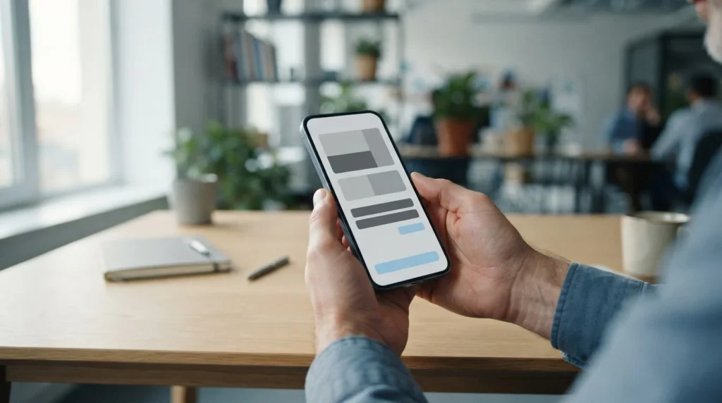 Smartphone mit Aircash-Zahlungsvorgang auf neutralem Interface in hellem Büroumfeld