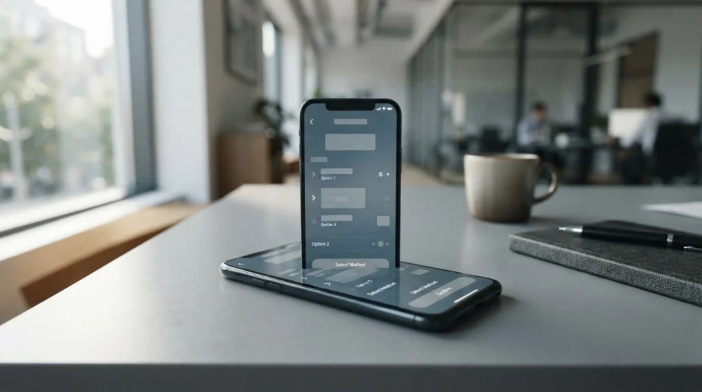 Smartphone mit neutraler Zahlungsauswahl-Oberfläche auf aufgeräumtem Schreibtisch