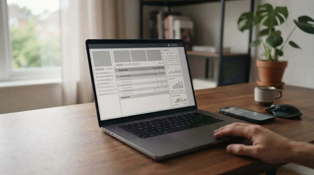 Laptop mit anonymisierter Wettplattform auf dem Bildschirm in neutraler Arbeitsumgebung