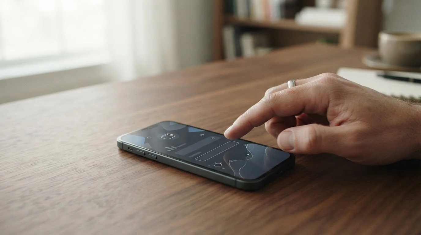 Smartphone mit Bitcoin-Transaktionsbildschirm auf neutralem Untergrund