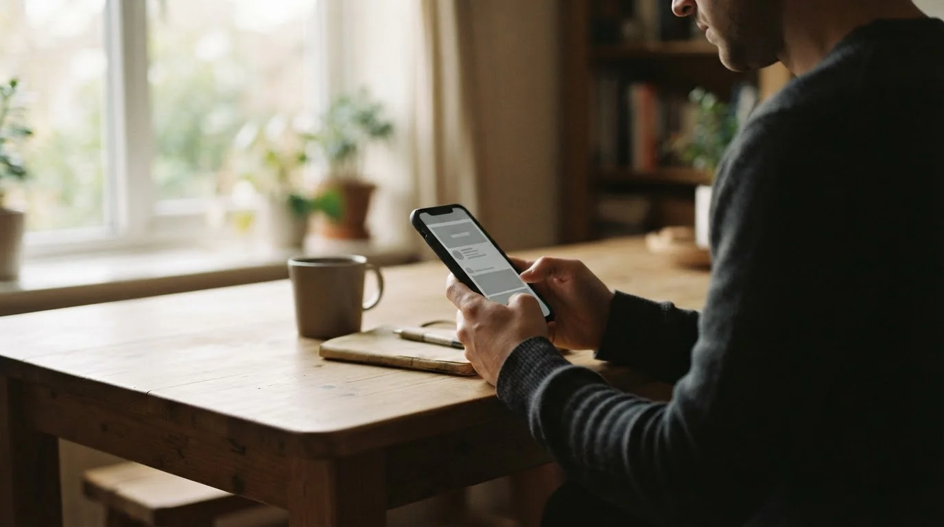 Person liest Bonusbedingungen auf Smartphone