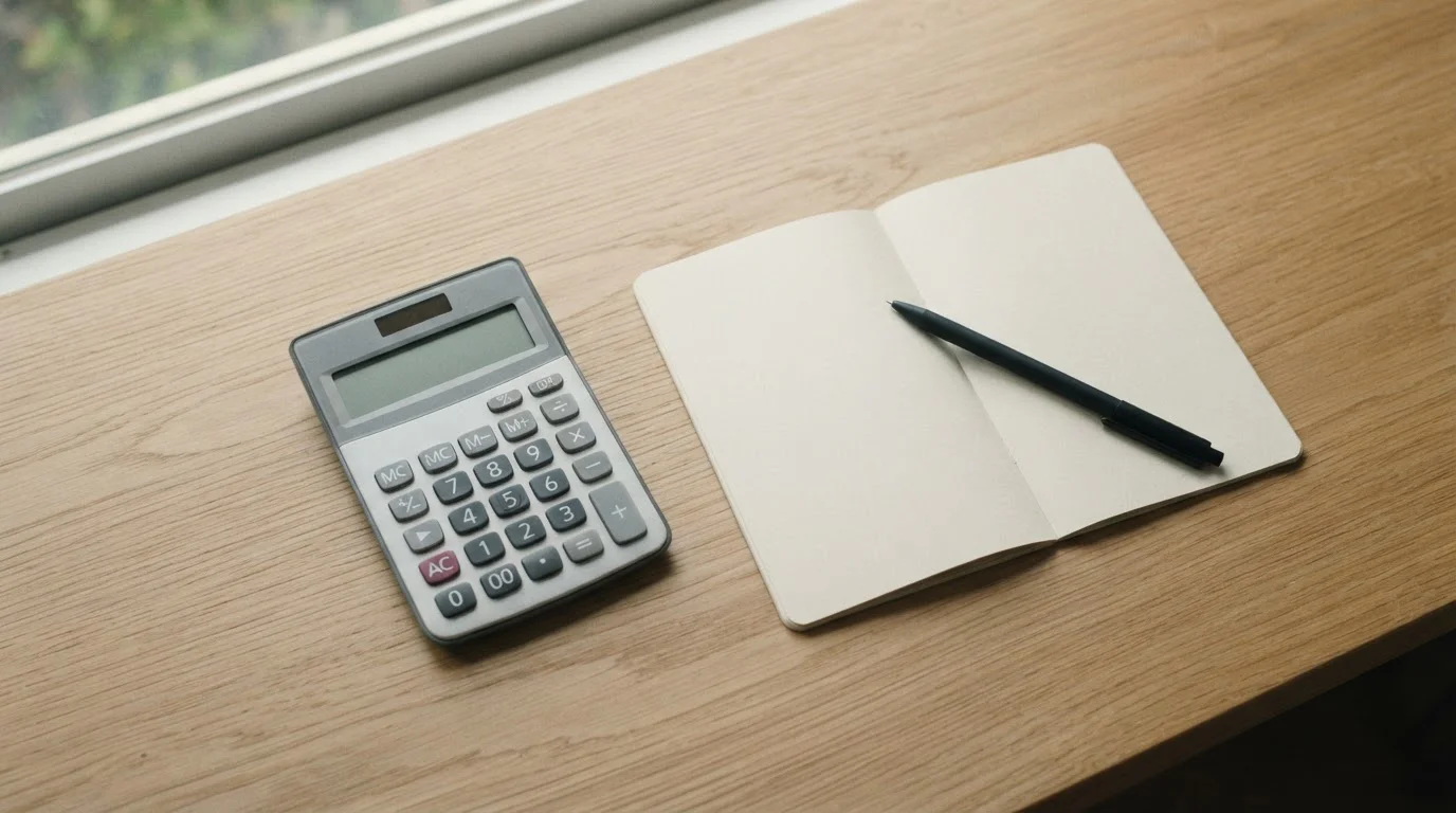 Taschenrechner und Notizblock mit Budgetplanung auf Schreibtisch