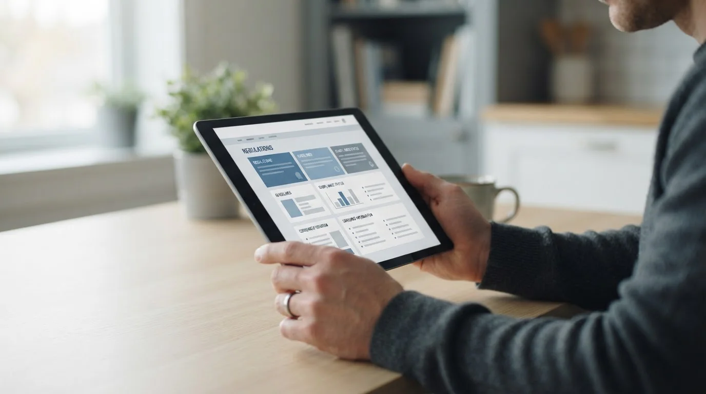 Person prüft Lizenzinformationen eines Wettanbieters auf einem Tablet