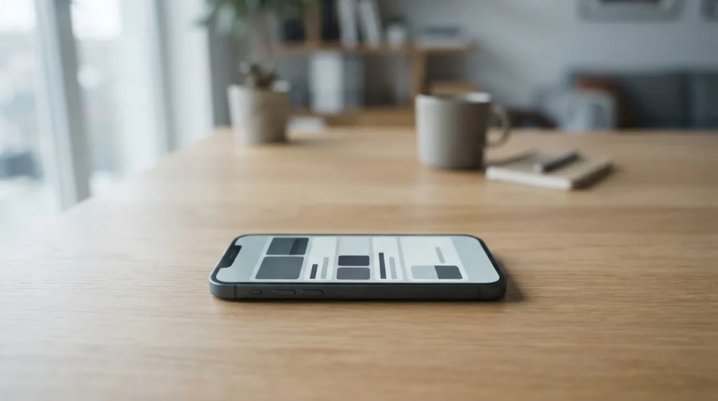 Smartphone mit abstrakter Wett-App auf einem Schreibtisch, neutrales Licht