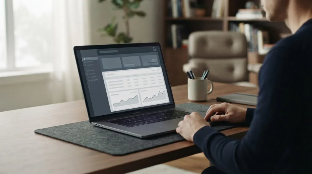 Laptop mit abstraktem Wettanbieter-Interface und Bitcoin-Symbol im Hintergrund