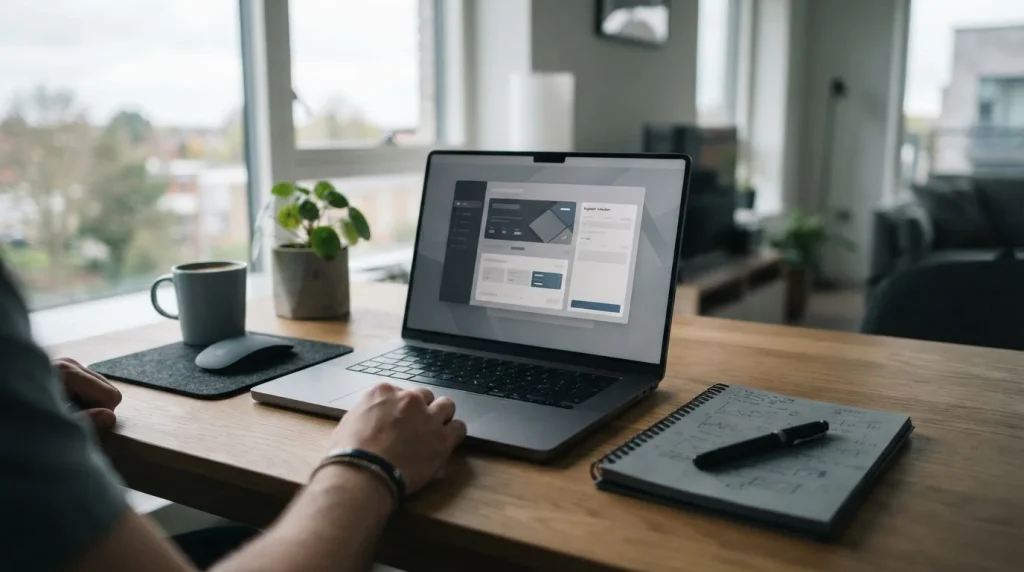 Laptop mit abstraktem Online-Wettanbieter-Interface und Zahlungsoptionen auf dem Bildschirm