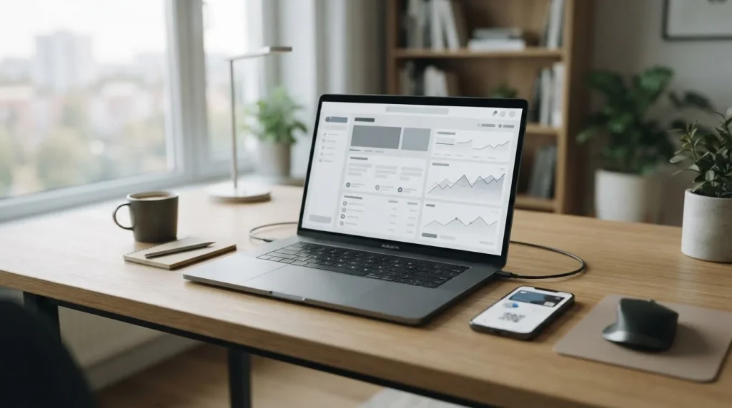 Laptop mit abstraktem Krypto-Wettanbieter-Interface auf modernem Schreibtisch