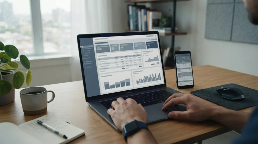 Desktop-Setup mit neutralem Zahlungsinterface und Sportstatistiken im Hintergrund
