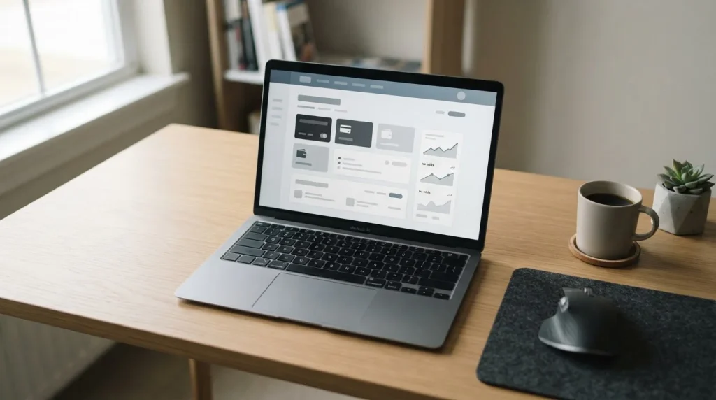 Laptop mit neutraler Wettplattform-Oberfläche und Zahlungsoptionen auf hellem Schreibtisch