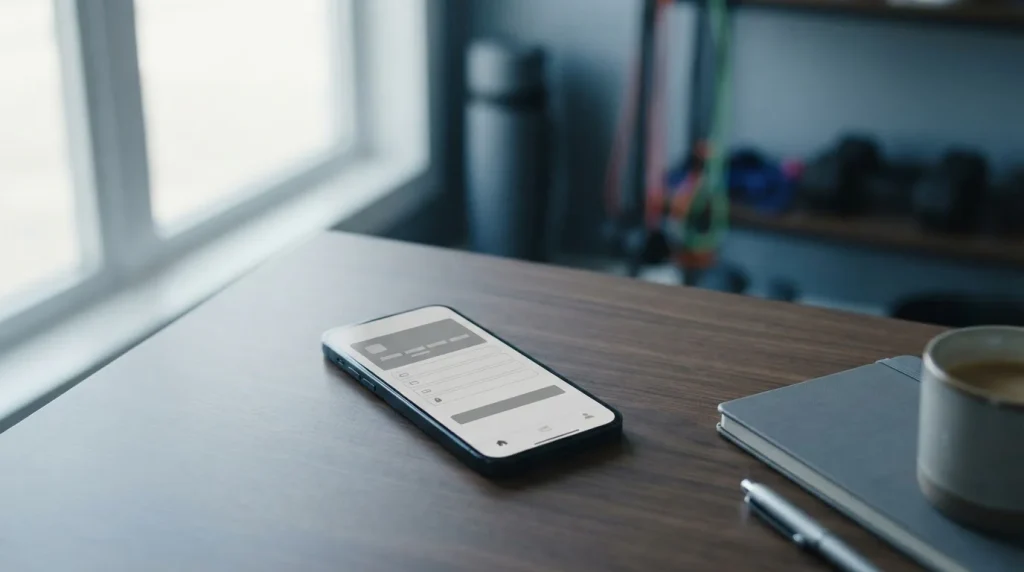 Smartphone mit Zimpler-Zahlungsschnittstelle vor neutralem Hintergrund mit dezenten sportlichen Elementen