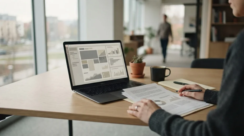 Laptop auf Schreibtisch zeigt leere Webseite-Oberfläche neben Dokumenten zur Online-Wettregulierung in Deutschland