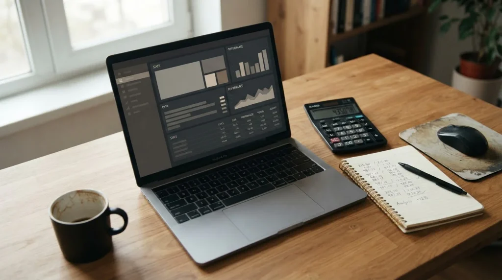 Laptop und Taschenrechner auf einem Schreibtisch zur Analyse von Wettgebühren und versteckten Kosten
