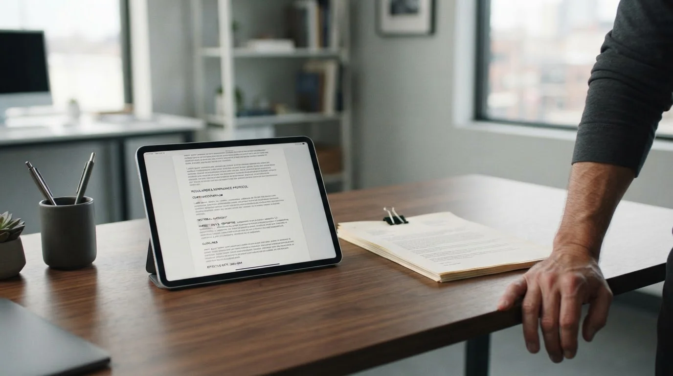Offizielle Dokumente und Tablet mit Regulierungstext symbolisieren rechtliche Rahmenbedingungen