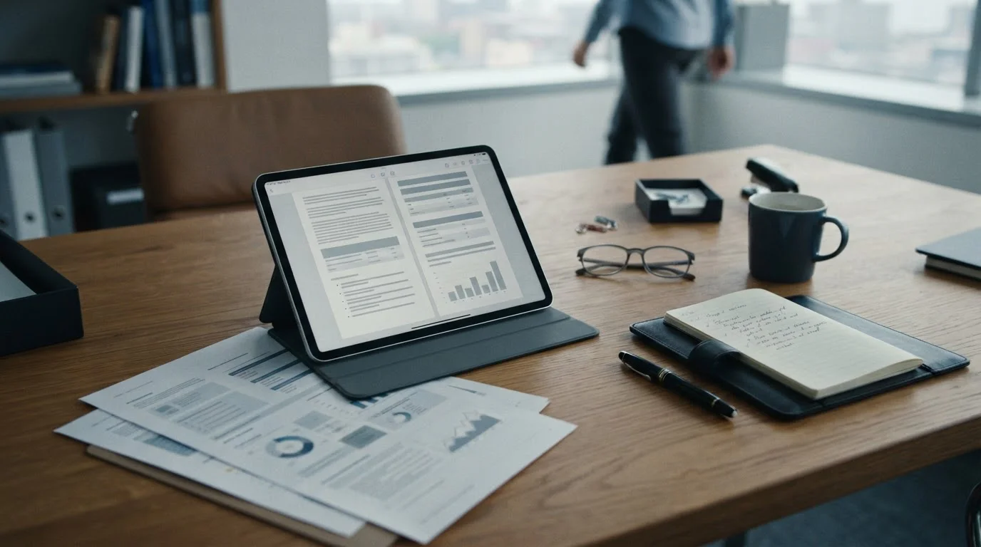 Schreibtisch mit Dokumenten und Tablet zeigt regulatorische Informationen