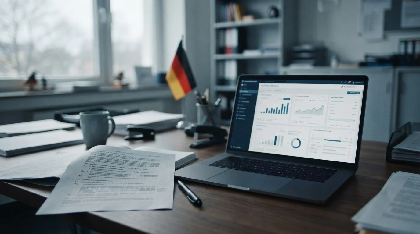Offizielle Dokumente und Laptop mit Regulierungsthemen im deutschen Glücksspielmarkt