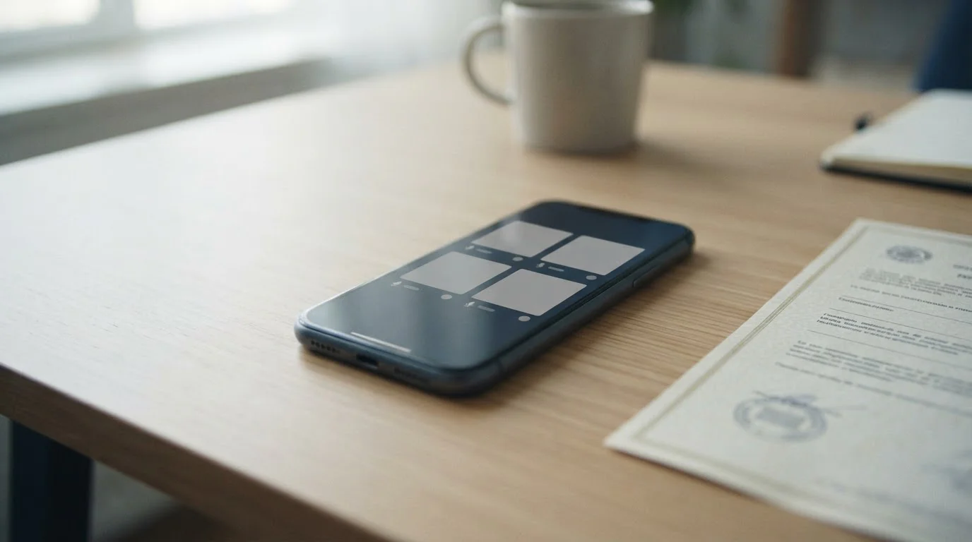 Smartphone mit Videoidentifikation und Ausweis-Dokument auf Schreibtisch