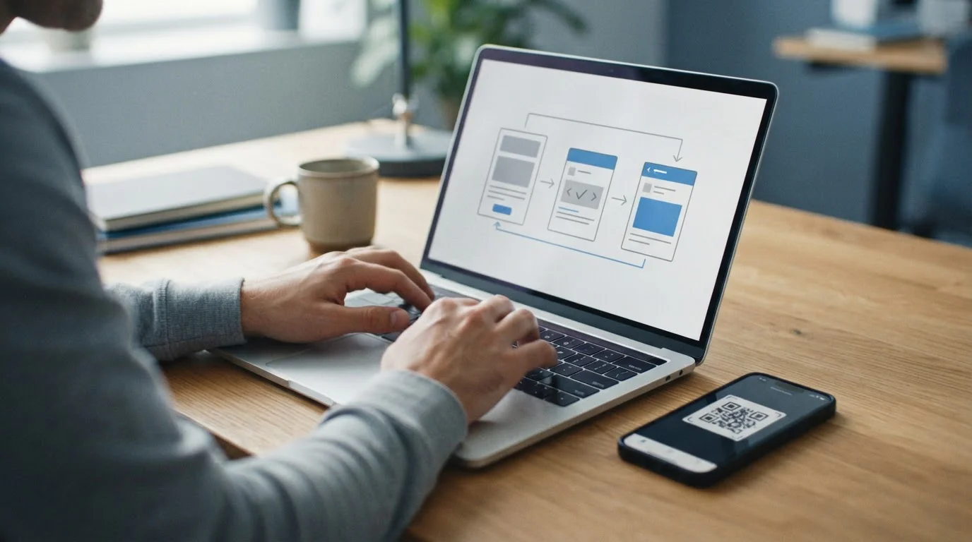 Hände an Laptop bei Krypto-Transaktion mit abstrakten Interface-Elementen