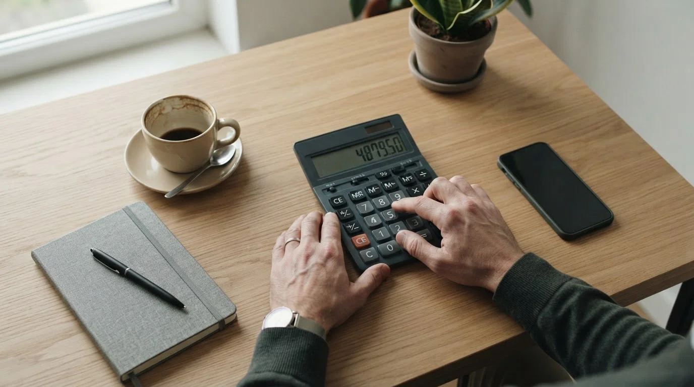 Person plant Budget am Schreibtisch mit Taschenrechner und Notizen in ruhiger Arbeitsatmosphäre