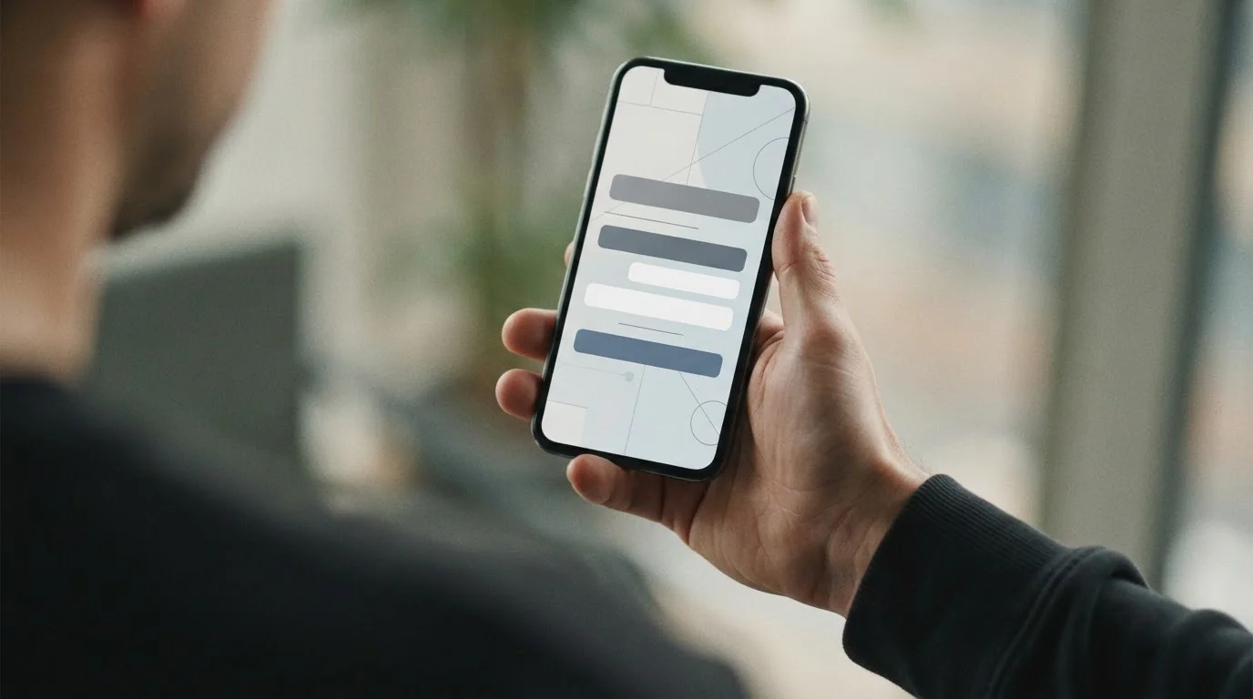 Hand hält Smartphone bei mobiler Zahlung, abstraktes Payment-Interface sichtbar