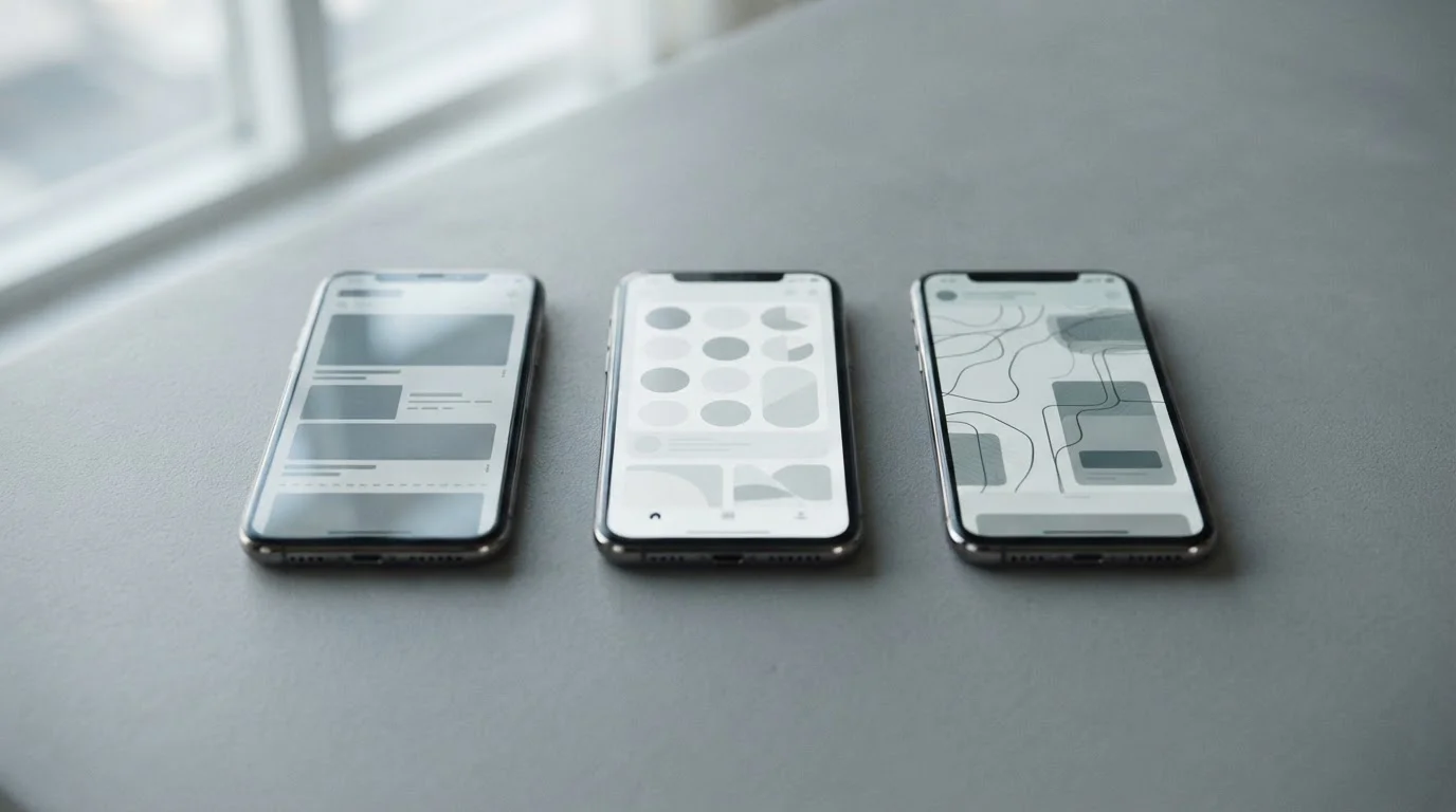Mehrere Smartphones nebeneinander mit leeren Benutzeroberflächen im Vergleich