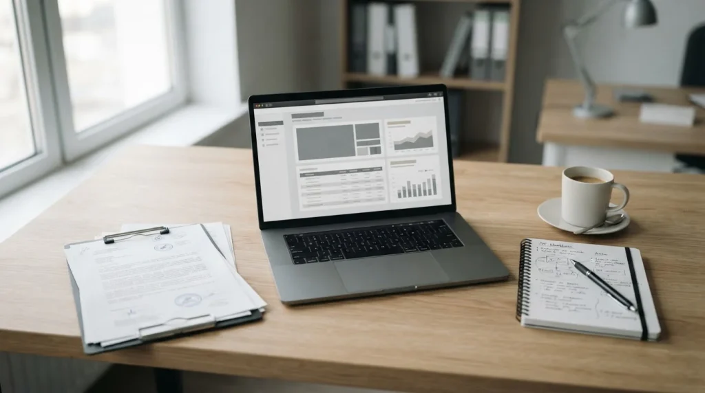 Arbeitsplatz mit Laptop und Dokumenten zur Analyse neuer Buchmacher in Deutschland