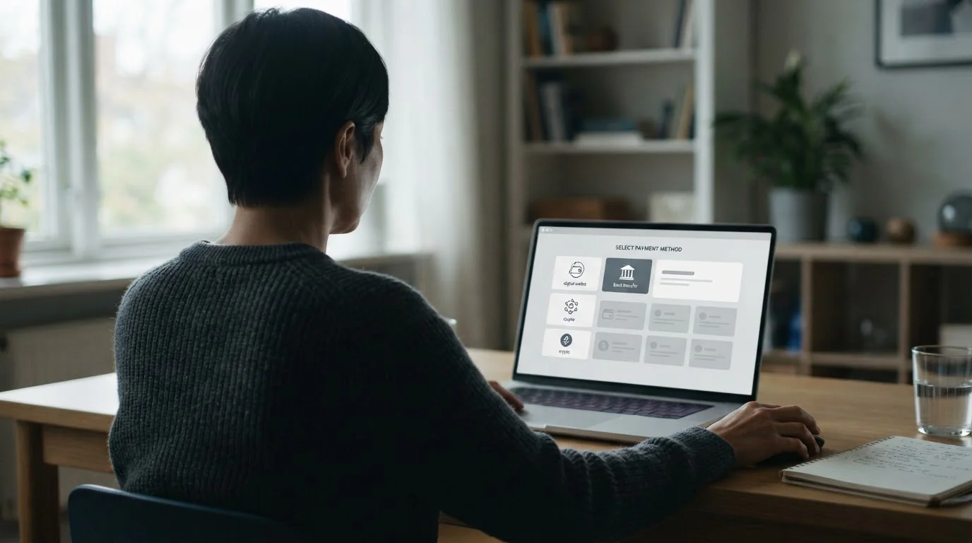 Laptop-Bildschirm zeigt verschiedene digitale Zahlungsmethoden-Symbole ohne konkrete Markenlogos