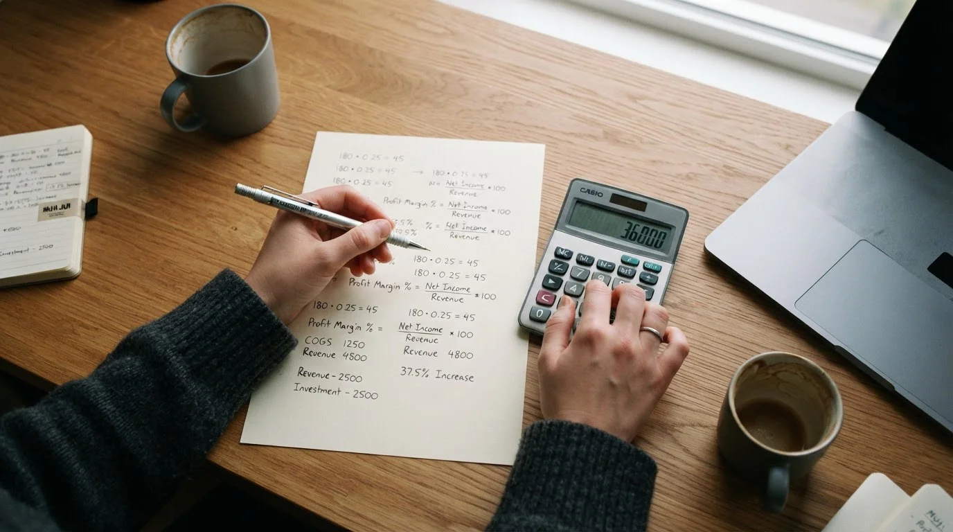 Taschenrechner und Notizen zeigen mathematische Berechnung von Wettquoten und Margen