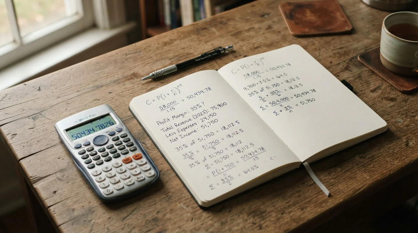 Taschenrechner und Notizblock mit mathematischen Berechnungen auf Schreibtisch