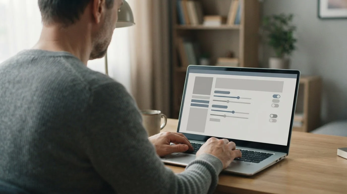 Person setzt am Laptop Limits in abstrakter Interface-Darstellung für verantwortungsvolles Spielen