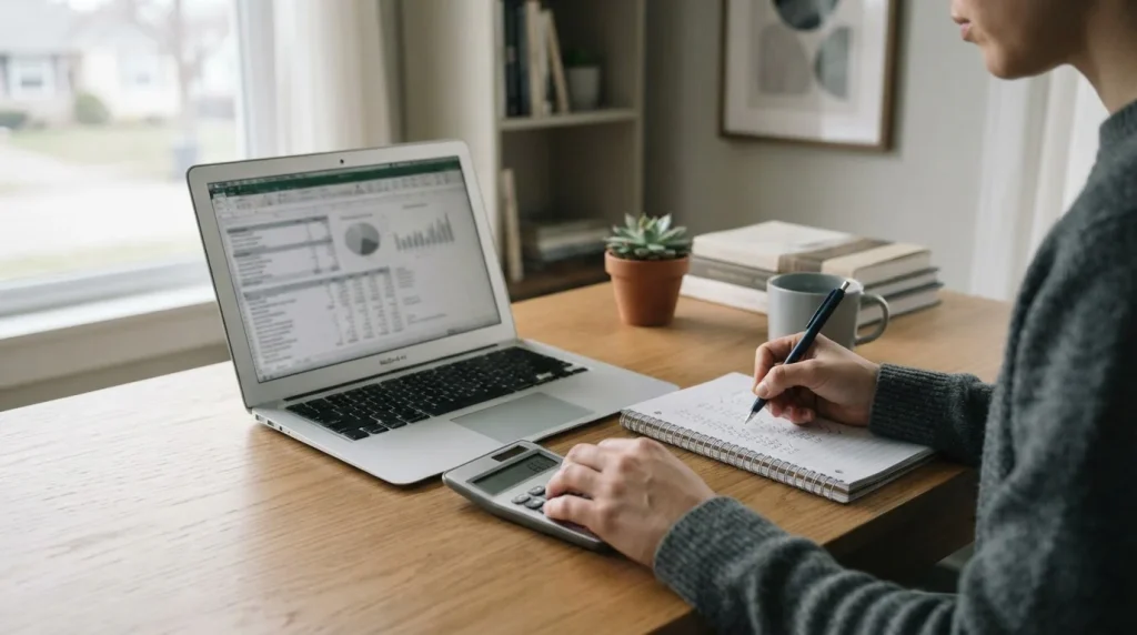Analytischer Arbeitsplatz mit Laptop und Taschenrechner für Sportwetten-Vergleich