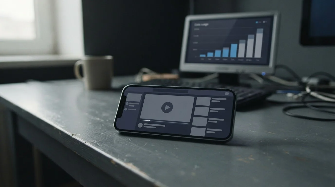 Smartphone zeigt Live-Stream auf dem Display, im Hintergrund Datenverbrauch-Statistik