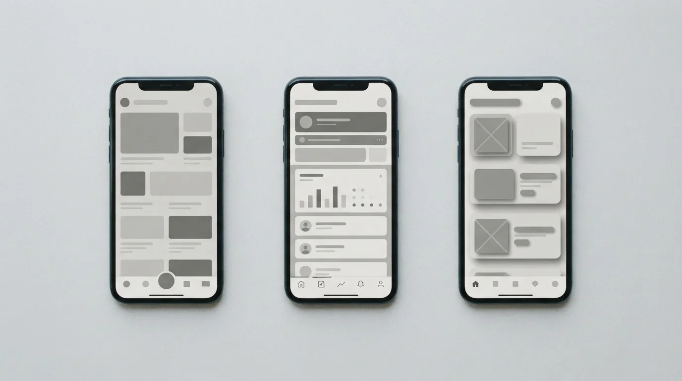 Mehrere Smartphones nebeneinander mit verschiedenen App-Interfaces im Vergleich