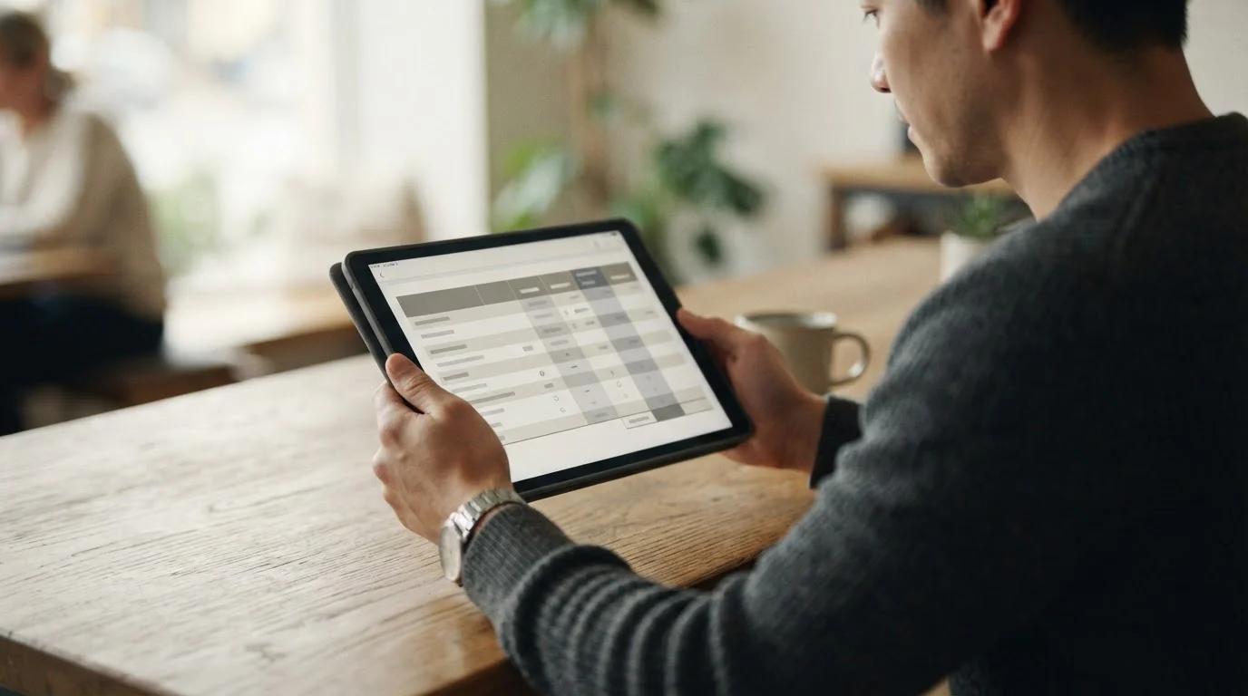 Person analysiert Vergleichstabelle verschiedener Wettanbieter auf Tablet