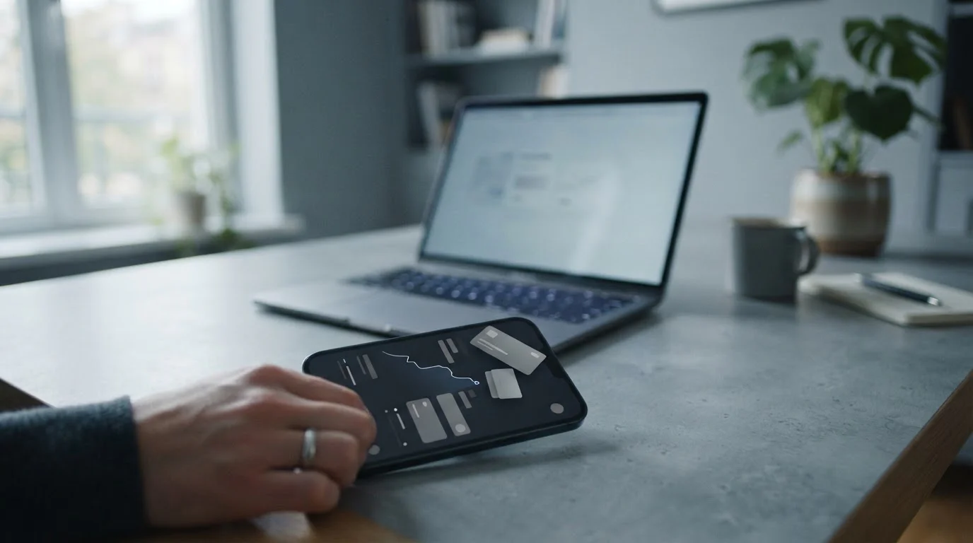 Smartphone mit Krypto-Wallet-Oberfläche und Laptop im Hintergrund