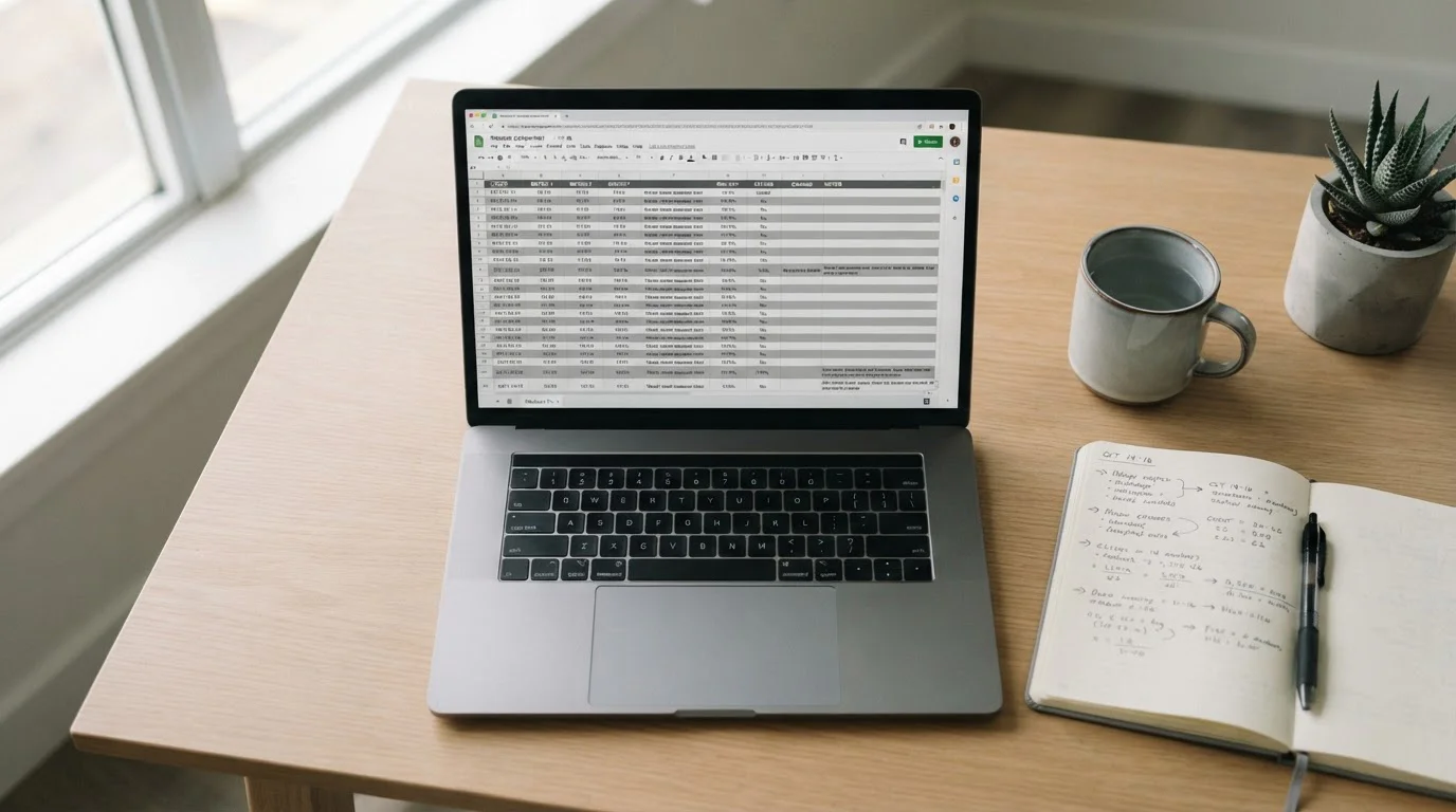 Vergleichstabelle mit neutralen Datenreihen auf Computerbildschirm neben Notizen